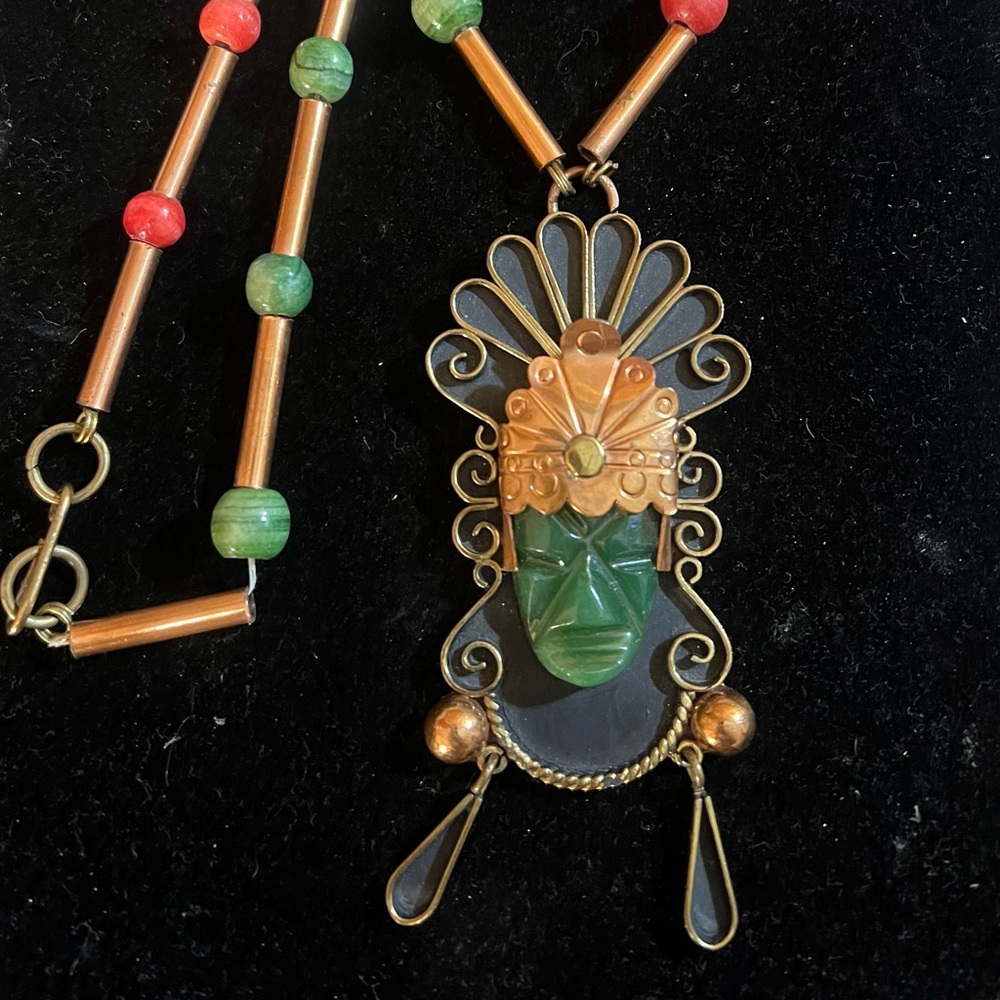 Casa Maya Mexico Brass CopperJade South American Aztec Head Tribal Necklace